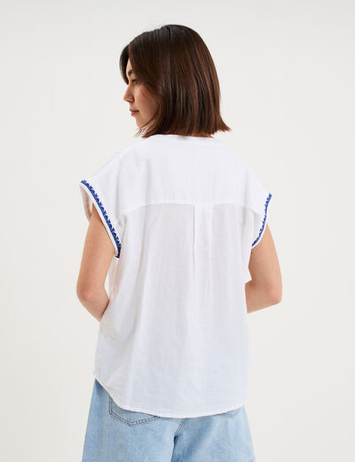 Blouse brod&eacute;e manches courtes blanc femme