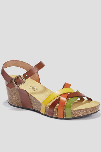 Sandales compensées en cuir multicolore femme
