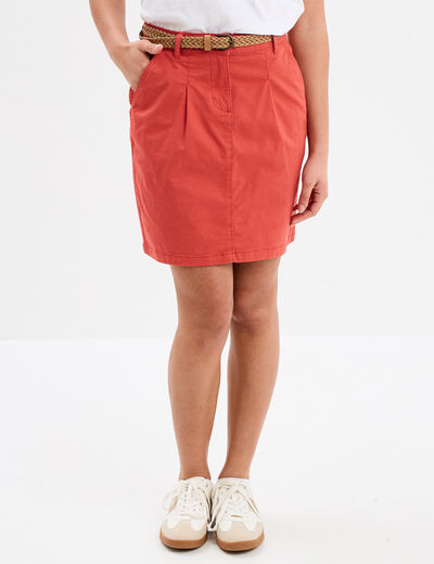 Jupe chino droite ceinture tressée rouge corail femme