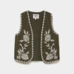 Gilet sans manches brod&eacute; gaze de coton vert kaki femme