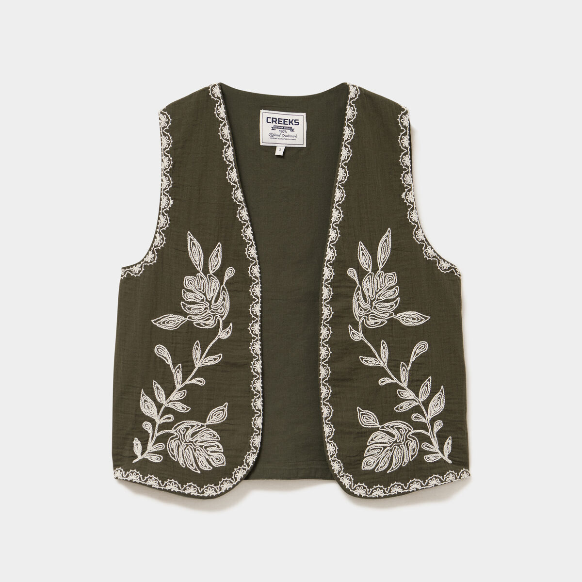 Gilet sans manches brod&eacute; gaze de coton vert kaki femme