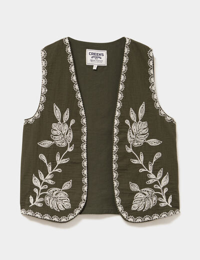 Gilet sans manches brod&eacute; gaze de coton vert kaki femme