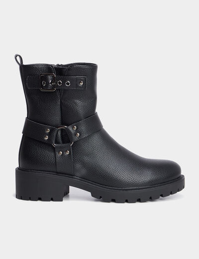 Bottines motardes crantées avec brides noir femme