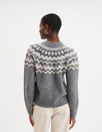 Pull col rond jacquard manches longues gris clair femme