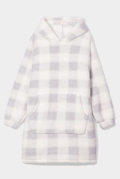 Poncho plaid long pilou ecru femme