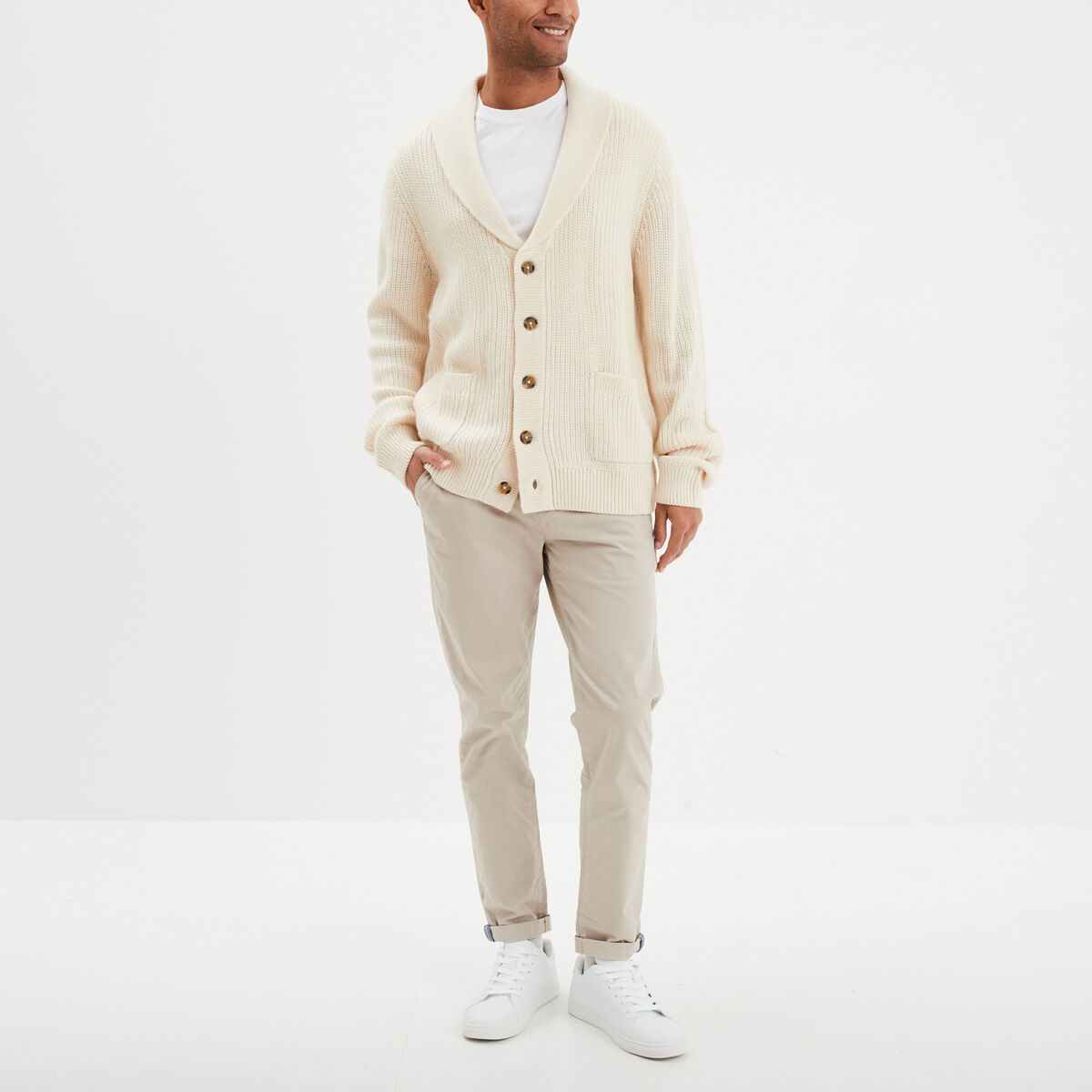 Pantalon chino slim stretch creme homme