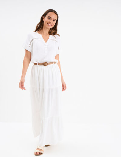 Jupe longue gaze de coton ceintur&eacute;e blanc femme