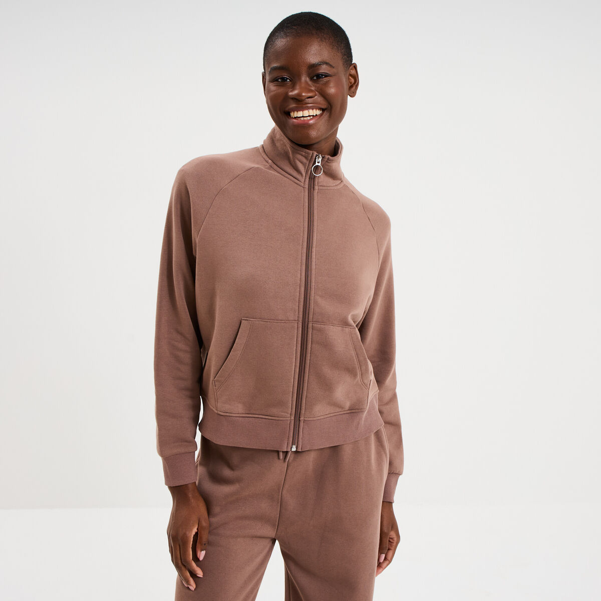 Sweat zipp&eacute; molleton col montant marron cognac femme