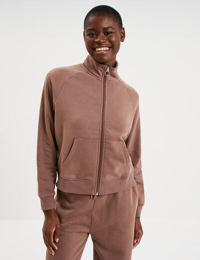 Sweat zipp&eacute; molleton col montant marron cognac femme