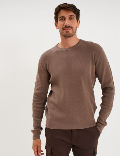 Pull en maille textur&eacute;e col rond gris fonc&eacute; homme