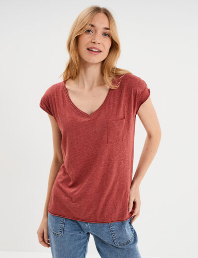 T-shirt col v poche poitrine rouge fonc&eacute; femme