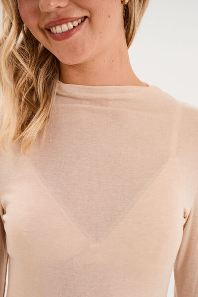 T-shirt cintr&eacute; col montant lyocell beige femme