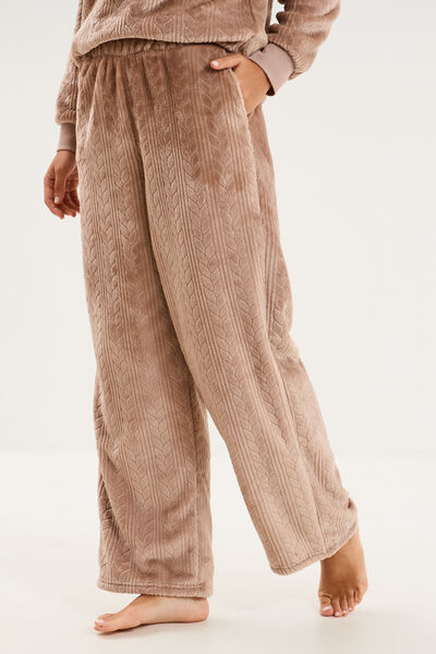 Pantalon effet polaire d&eacute;tails torsades beige femme