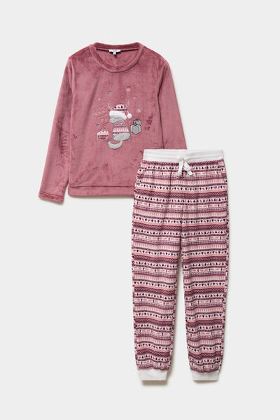 Ensemble pyjama pantalon effet velours rose framboise femme