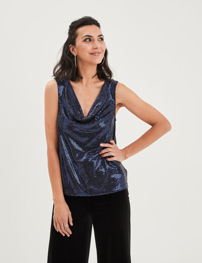 T-shirt col bénitier à strass bleu femme