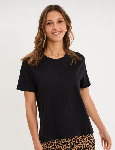T-shirt col rond manches courtes coton noir femme