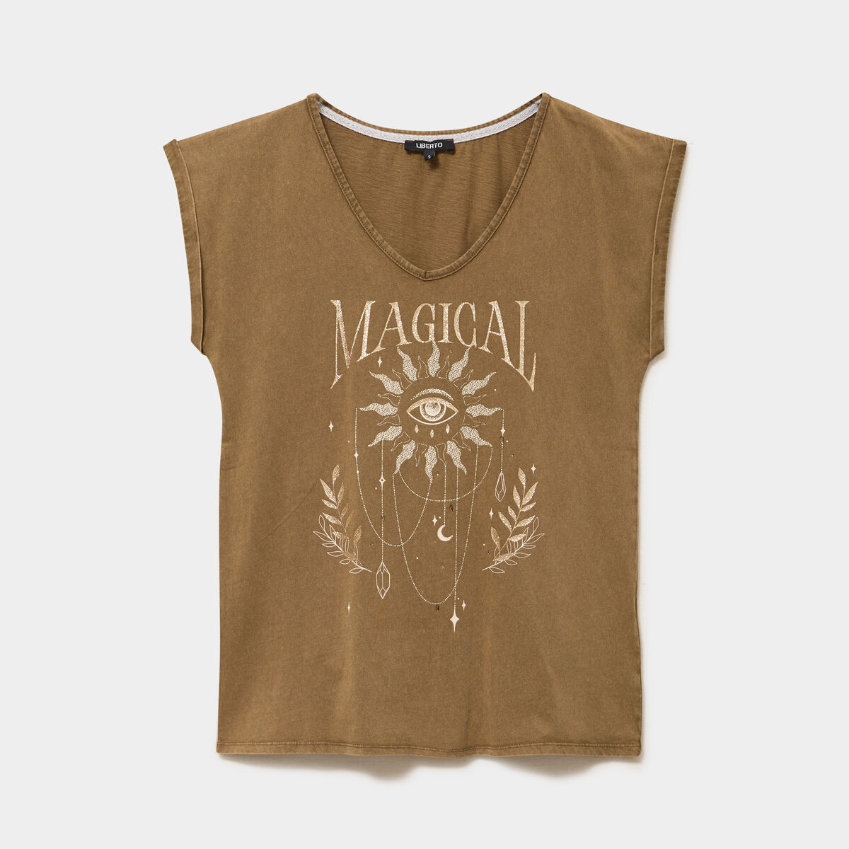 T-shirt coton col en V manches courtes beige femme