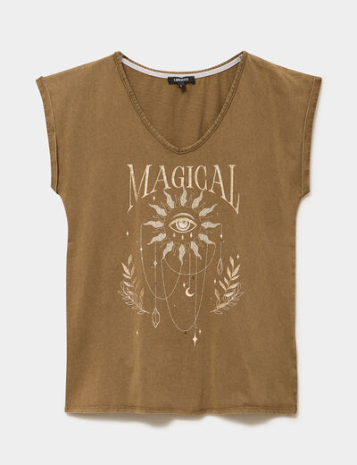 T-shirt coton col en V manches courtes beige femme