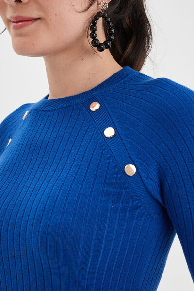 Pull ouverture dos et boutons épaules bleu electrique femme