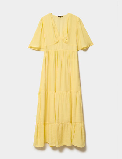 Robe longue fluide &agrave; volants jaune clair femme