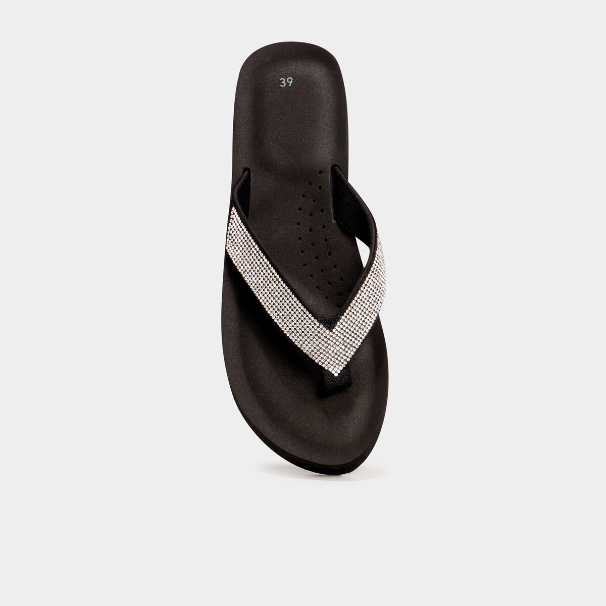 Tongs compens&eacute;es &agrave; strass noir femme