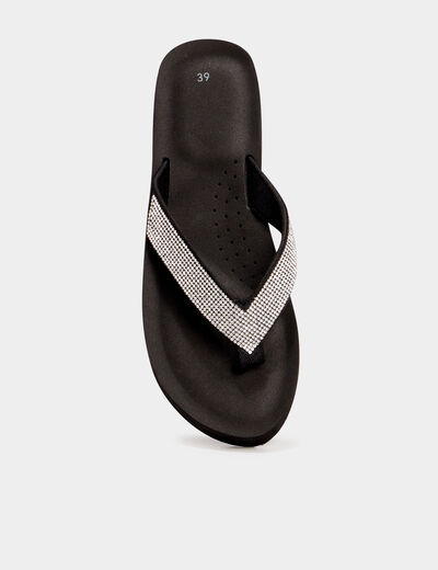 Tongs compens&eacute;es &agrave; strass noir femme