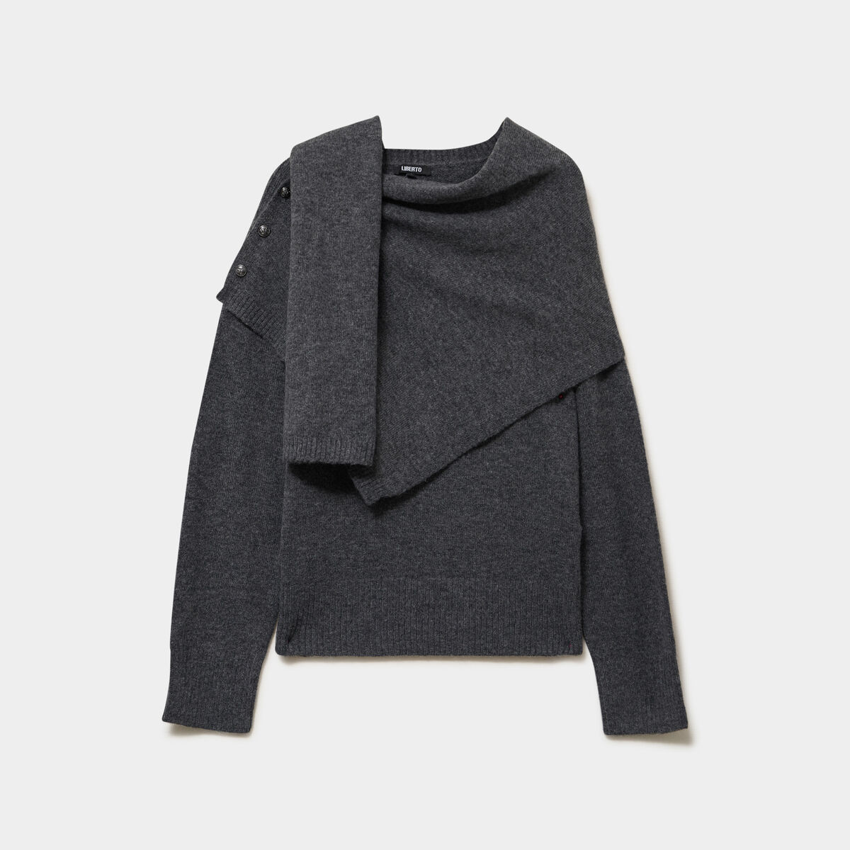 Pull col rond &eacute;charpe amovible gris fonc&eacute; femme