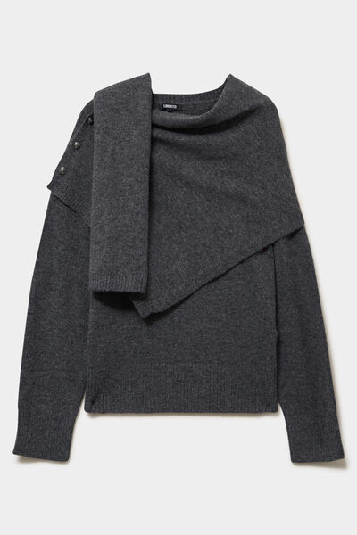 Pull col rond &eacute;charpe amovible gris fonc&eacute; femme