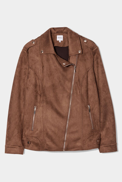 Blouson zippé effet suédine style biker marron femme grande taille