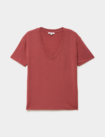 T-shirt fluide col en V manches courtes rouge fonc&eacute; femme