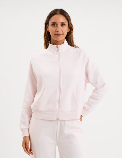 Sweat zipp&eacute; molleton col montant rose clair femme