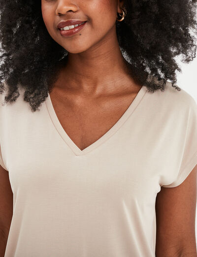 T-shirt col en V manches courtes beige femme