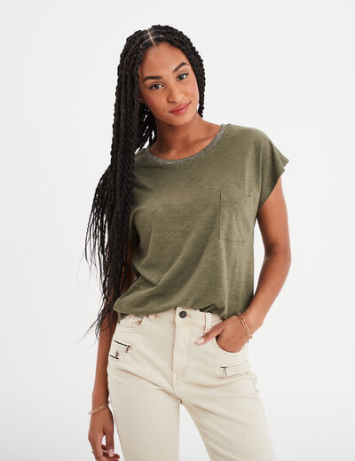 T-shirt manches courtes 1 poche Liberto vert kaki femme