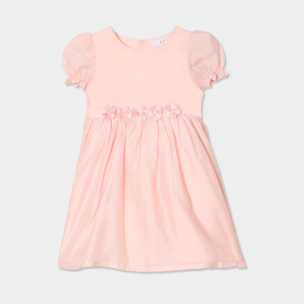 Robe manches ballons d&eacute;tails fleurs rose clair b&eacute;b&eacute; fille