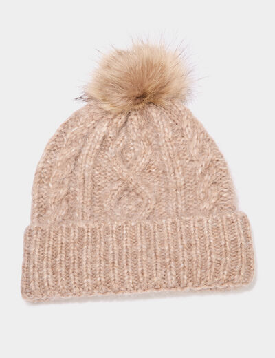 Bonnet &agrave; torsades et pompon taupe femme