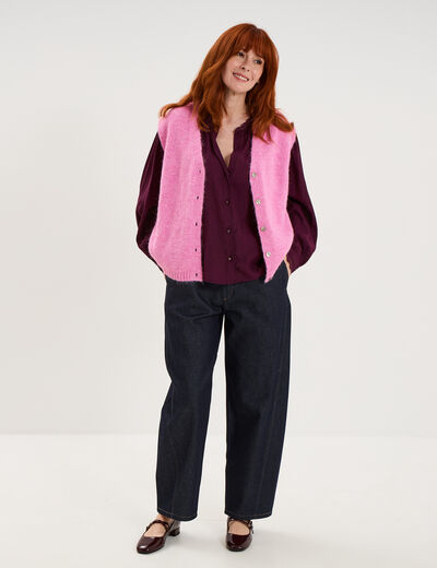 Blouse manches longues col dentelle violet fonc&eacute; femme