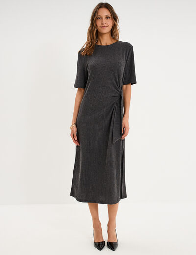 Robe longue gaufr&eacute;e noeud c&ocirc;t&eacute; gris fonc&eacute; femme
