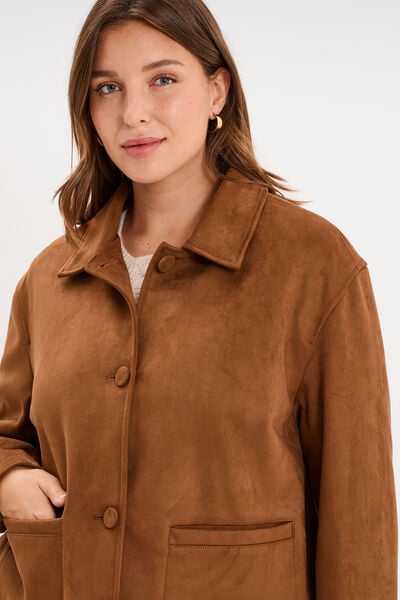 Veste paletot en su&eacute;dine boutonn&eacute;e marron clair femme grande taille