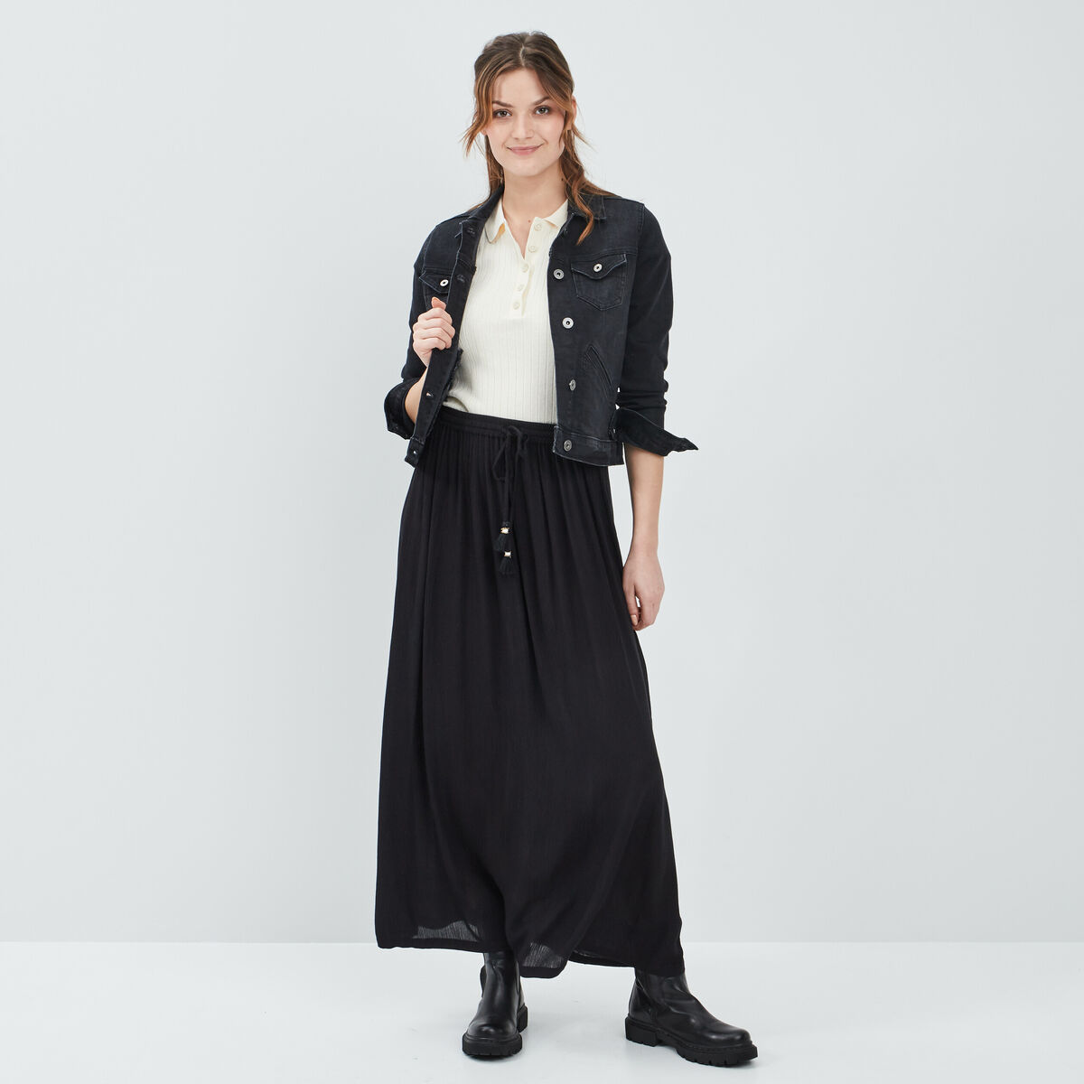 Jupe longue droite fluide noir femme