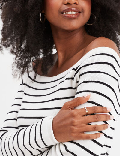 Pull côtelé col carré tricotage en côte blanc femme