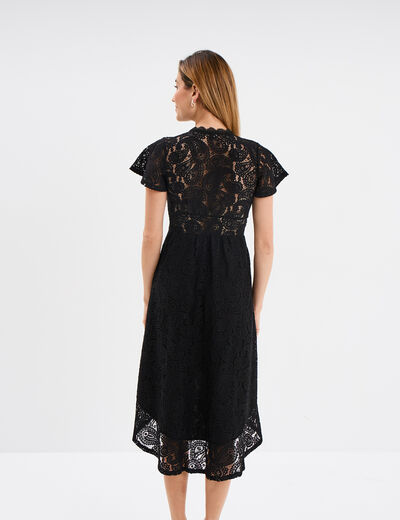 Robe midi col V dentelle et volants noir femme