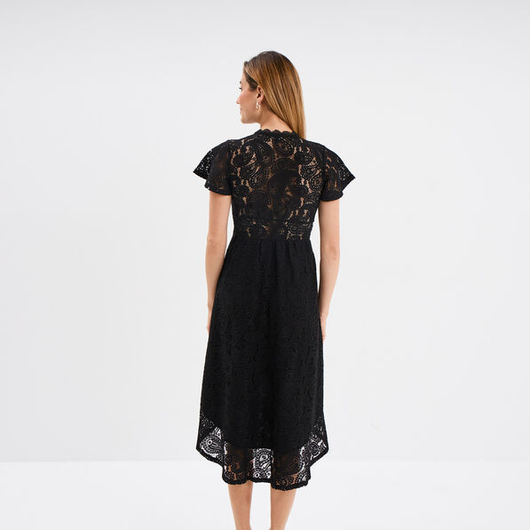 robe midi col v dentelle et volants noir femme Robe midi col V dentelle et volants noir femme