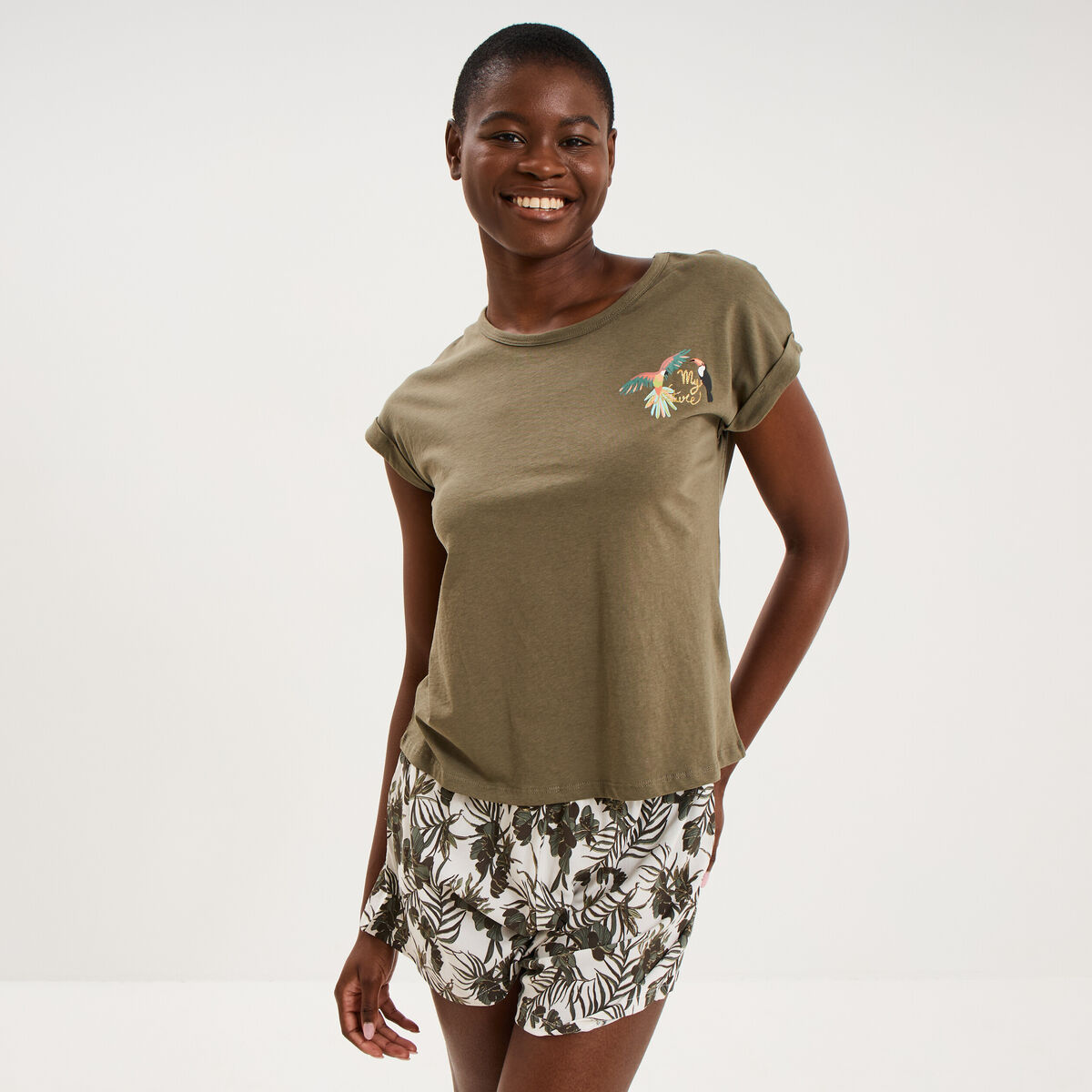 Ensemble pyjama short et t-shirt ecru femme