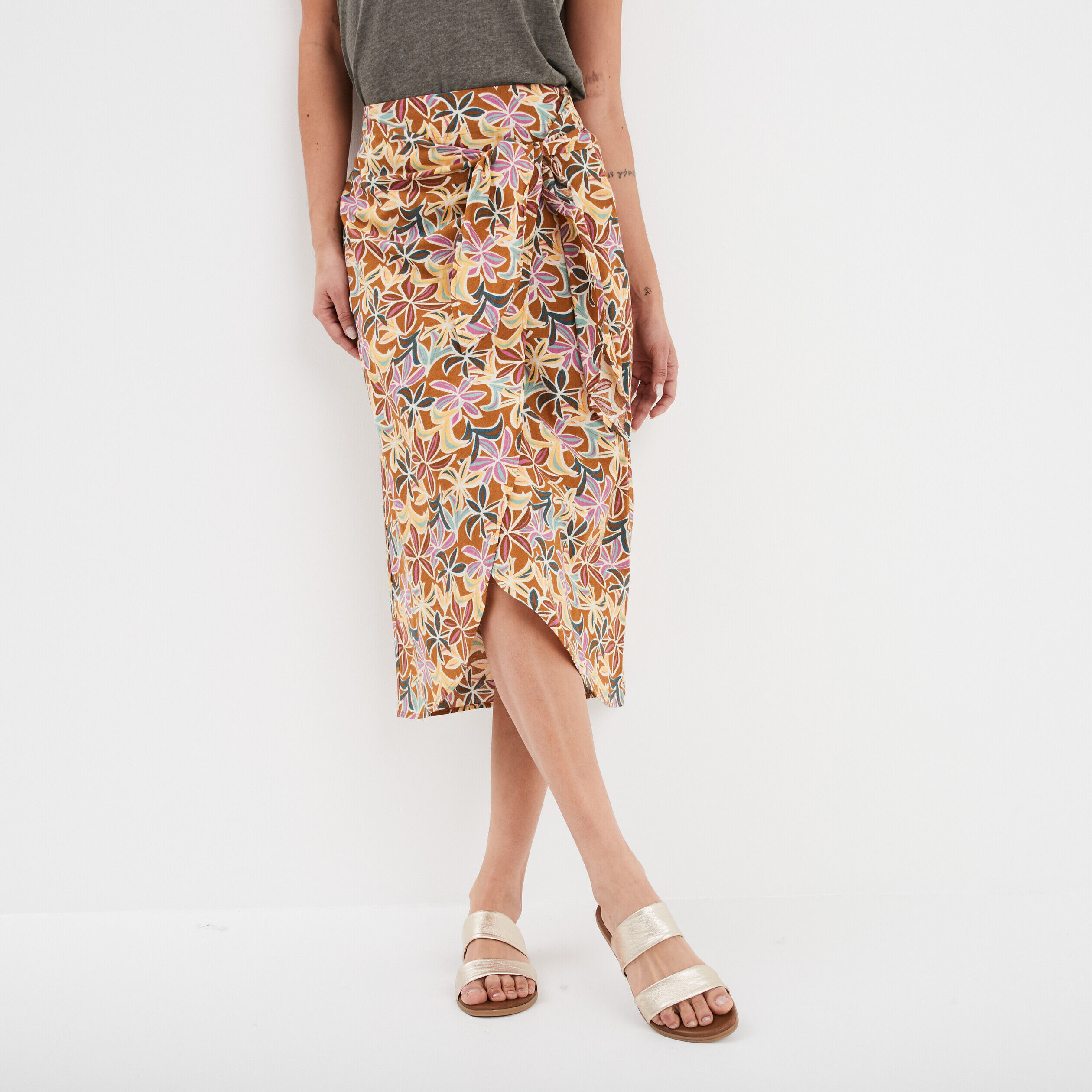 Jupe midi portefeuille avec noeud en lin camel femme CREEKS