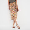 Jupe midi portefeuille avec noeud en lin camel femme