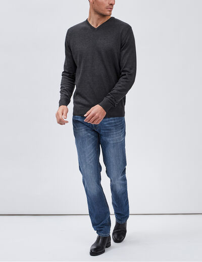 Pull jersey col V m&eacute;lange coton gris fonc&eacute; homme