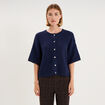 Gilet boutonn&eacute; manches courtes col rond bleu fonc&eacute; femme