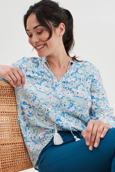 Chemise col cordons à pampilles multicolore femme