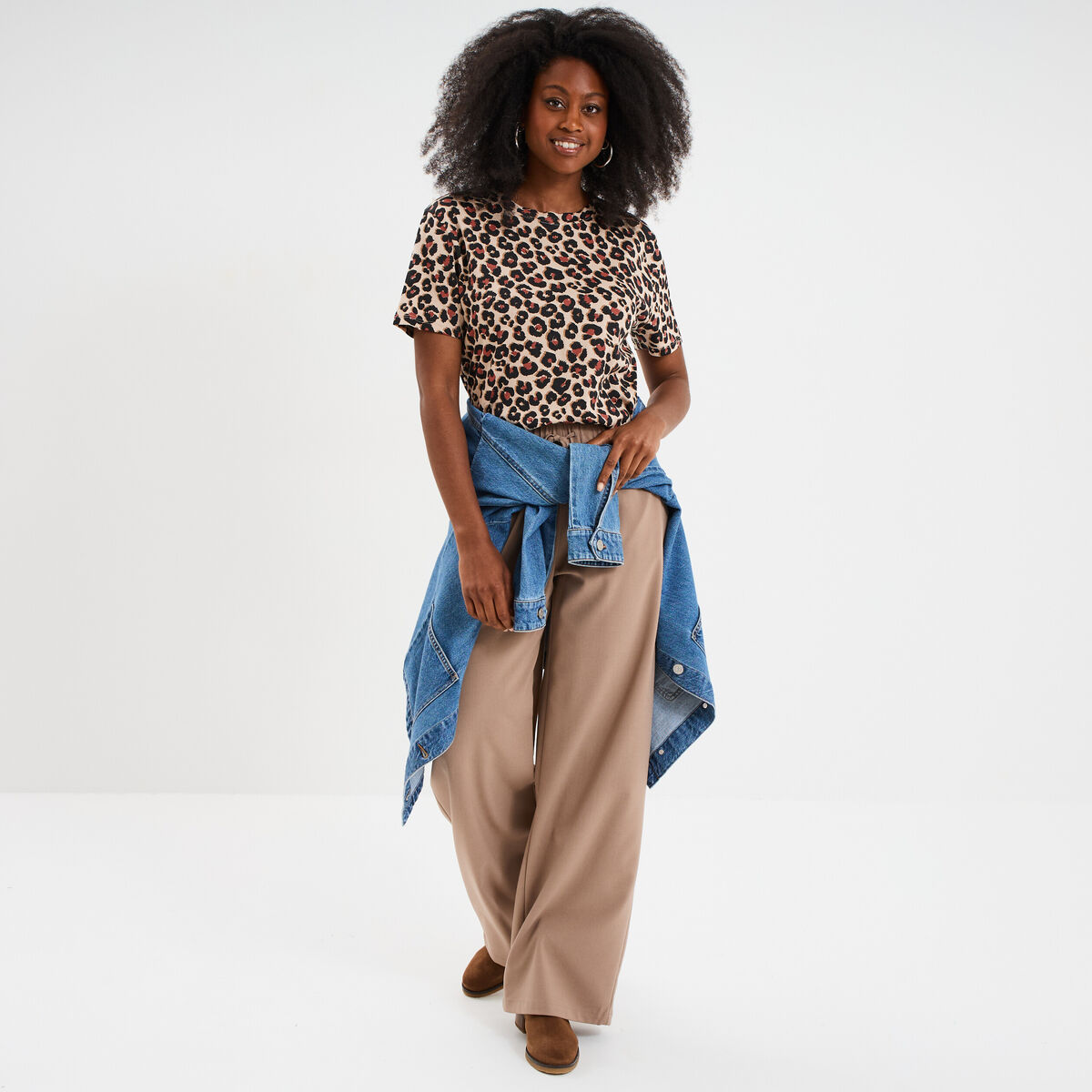 T-shirt coton col rond manches courtes sable femme