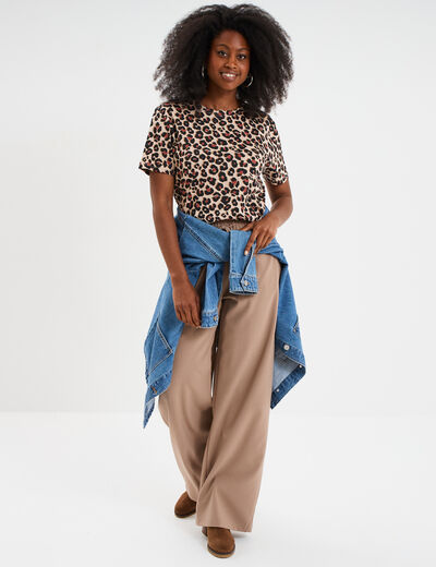 T-shirt coton col rond manches courtes sable femme